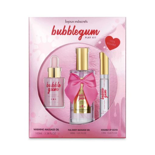  BUBBLEGUM Play Kit:- Warming massage oil 100 ml- Full body kissable massage gel 30ml- Oral Pleasure lip Gloss 13ml Sets