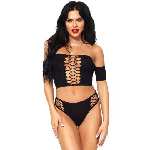  Opaque Crop Top And Thong Black O/S Women's Ensemble