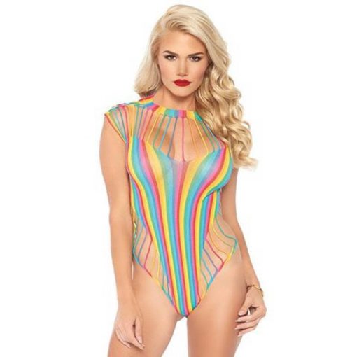  Shredded Opaque Cut Out Teddy Rainbow O/S Women's Bodysuit