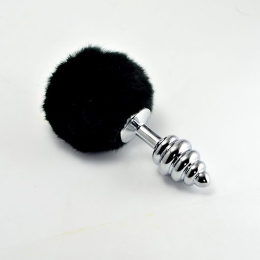  Spiral Pompon Metal Plug Black Butt Plug