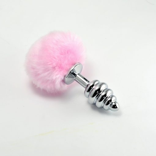  Spiral Pompon Metal Plug Pink Butt Plug