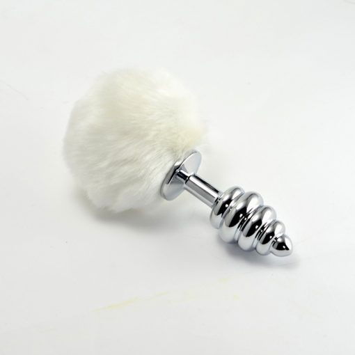  Spiral Pompon Metal Plug White Butt plug