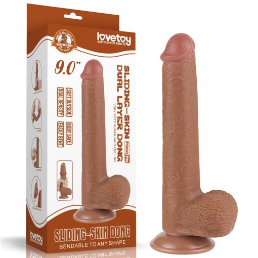  9'' Sliding Skin Dual Layer Dong Brown Dildo